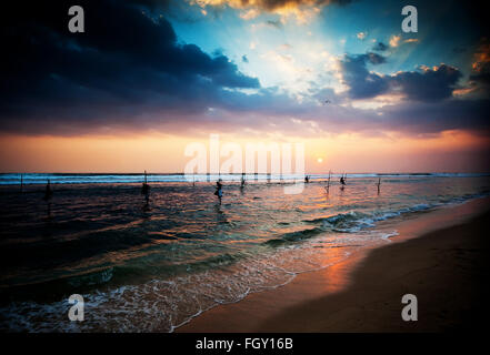 Silhouetten von der traditionellen Stelzenfischer bei Sonnenuntergang in der Nähe von Galle in Sri Lanka Stockfoto