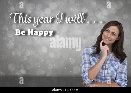 Zusammengesetztes Bild nachdenkliche Frau platzieren ihre Finger am Kinn Stockfoto