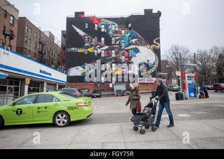 Ein Wandbild von einem Swallow-tailed Drachen und andere vom Aussterben bedrohte Vögel von Lunar New Year, Teil der Audubon Wandbild Projekte schmückt die Seite eines Gebäudes über eine Tankstelle in Washington Heights in New York auf Sonntag, 21. Februar 2016. Die Wandmalereien schmücken die Gebäude und Fassaden zeigen Klima bedrohte Vögel und sind dazu gedacht, das öffentliche Bewusstsein für die Drohungen gegen die verschiedenen Arten der Vögel zu schaffen. (© Richard B. Levine) Stockfoto