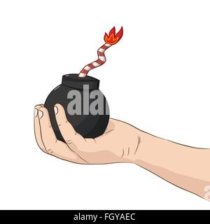 Isolierte Kind an der Hand halten Sie eine Bombe mit einem brennenden Docht Stock Vektor