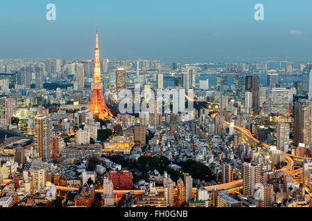 Tokyo; Japan - 14 Januar; 2016: Nacht Blick über Tokyo Skyline mit den kultigen Tokyo Tower im Hintergrund. Stockfoto