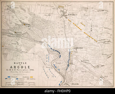 Karte der Schlacht von Arcole - 15, 16 und 17 November 1796. Die Schlacht von Arcole oder Schlacht von Arcola (15.-17. November 1796) war eine Schlacht zwischen französischen und österreichischen 25 Kilometer (16 Meilen) südöstlich von Verona während des ersten Koalitionskrieges, ein Teil von französische revolutionäre Kriege zwingt. Stockfoto