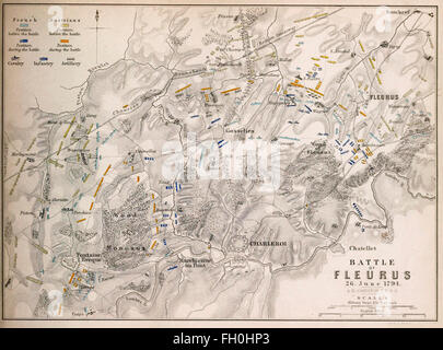 Die Schlacht von Fleurus, wurde am 26. Juni 1794, eine große Auseinandersetzung zwischen der Armee der ersten französischen Republik unter General Jean-Baptiste Jourdan und der Coalition Army (Großbritannien, Hannover, holländische Republik und Habsburgermonarchie), unter dem Kommando von Prinz Josias von Coburg, in der entscheidenden Schlacht von Flandern-Kampagne in den niederen Landen während französische revolutionäre Kriege. Stockfoto