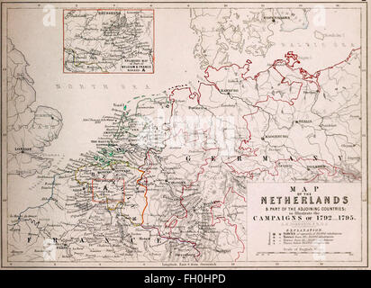 Landkarte von den Niederlanden und Teil der angrenzenden Länder, um die Kampagnen von 1792-1795 zu veranschaulichen. Kriege der französischen Revolution Stockfoto