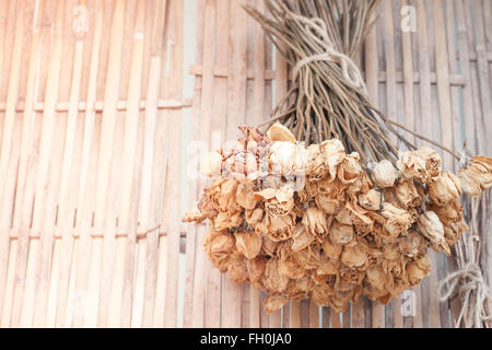 Bouquet von getrockneten Blüten hängen an Bambus Hintergrund, Fotoarchiv Stockfoto