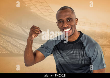 Zusammengesetztes Bild Porträt der Sportler jubeln nach Erfolg im rugby Stockfoto