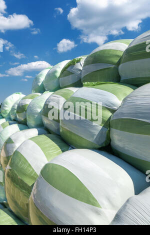 Weiße, grüne Silageballen gegen blau-weißen Himmel gestapelt. Im Hochformat aufgenommen. Stockfoto