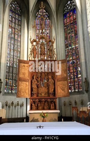 Der Riemenschneider-Altar der Pfarrkirche Kirche der Hl. Maria Magdalena. 1492 Tilman Riemenschneider baute dort seine erste Altarbild. Muennerstadt, Landkreis Bad Kissingen, Unterfranken, Bayern, Deutschland, Europa Datum: 12. Oktober 2015 Stockfoto