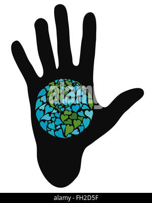 Hand, Planet Erde aus Herzen. Symbol des Friedens. Amerika in der Mitte. Stockfoto