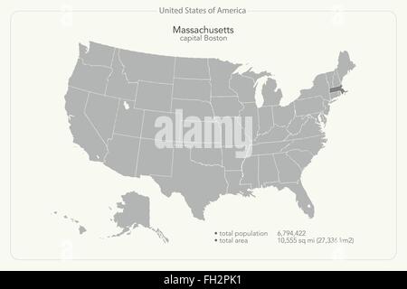 Vereinigte Staaten von Amerika isoliert Karte und Massachusetts Staatsgebiet. politische Karte der USA Vektor. geografischen Banner Vorlage Stock Vektor