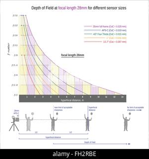 DOF bei Brennweite 28mm für verschiedene Sensor-Größen Stock Vektor