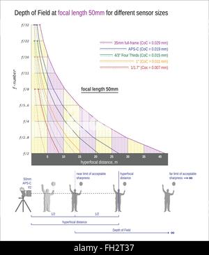 DOF bei Brennweite 50mm für verschiedene Sensor-Größen Stock Vektor