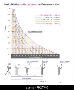 DOF bei Brennweite 100mm für verschiedene Sensor-Größen Stock Vektor