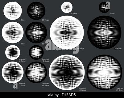 Solide und gepunktete radialen Gradienten Hintergründe in verschiedenen schrittweise Stock Vektor