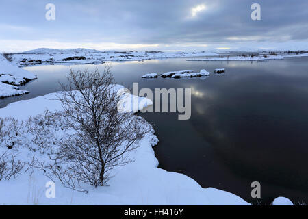 Winter Schnee Blick über Pingvellir Nationalpark, UNESCO-Weltkulturerbe, Süd-West-Island, Europa. Stockfoto