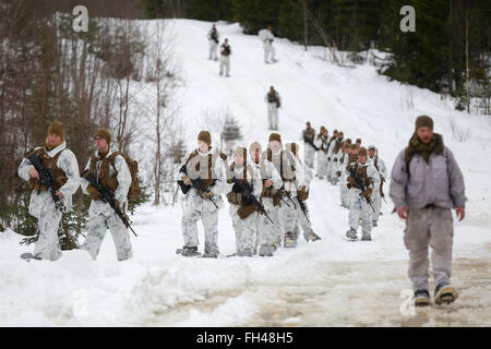 US-Marines, die kombinierte Waffen zugewiesen Firma aus Bulgarien Abgang eine Patrouille irgendwo in dem riesigen Truppenübungsplatz in Rena, Norwegen befindet sich das norwegische Telemark-Bataillon. Dieses einzigartige Unternehmen besteht aus mehreren Fahrzeugen mit mehreren Funktionen, einschließlich amphibische Fahrzeuge, M1A1 Abrams Kampfpanzer und leicht gepanzerte Fahrzeuge. In den Wochen bis zur Übung kalte Antwort 16 am Ende des Monats führen die beiden Staaten bilaterale Ausbildung zum US Marine Corps Fähigkeit, in kaltem Wetter Umgebungen betrieben zu verbessern. Die Übung wird f Stockfoto