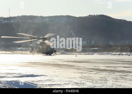 Ein CH-53E Super Stallion macht seinen Weg nach unten die Flightline in Vaernes, Norwegen, 22. Februar 2016, als kalte Antwort Übung 2. Marine Expeditionary Brigade bereitet. Alle Flugzeuge mit Marine schwere Hubschrauberstaffel (-) verstärkt, das Element Luft zu bekämpfen, der 2d MEB wurden demontiert im Marine Corps Air Station Cherry Point, North Carolina, und geflogen nach Norwegen im U.S. Air Force c-5 Galaxien Luft während der Übung unterstützen. Kalte Antwort 16 ist eine kombinierte, gemeinsame Übung, bestehend aus 12 NATO-Verbündeten und Partner Nationen und etwa 16.000 Soldaten. Stockfoto