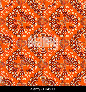 Geometrische Muster Muster von kleinen Gänseblümchen zu imitieren. Geometrische digitale Kunst auf einem orangefarbenen Hintergrund. Stockfoto
