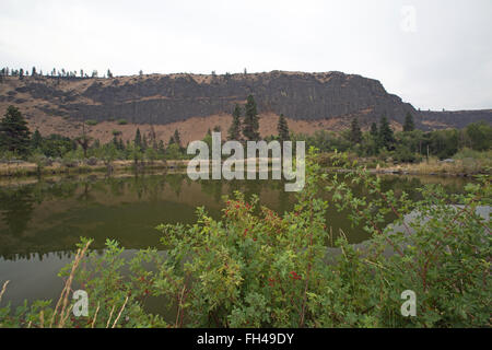 Ein ruhiger See im Bundesstaat Washington, der von Basalt- (vulkanischen) Säulen unterlegt ist. Tim's Pond in der Nähe von Yakima Wa Teil des Tieton R-Systems Stockfoto