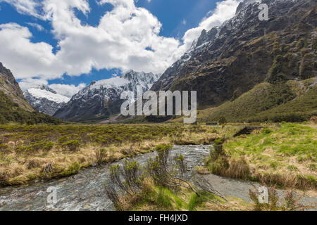 Milford Road entlang Cleddau Tal mit Blick auf Fiordland National Park. Aufgenommen im Sommer in Neuseeland. Stockfoto