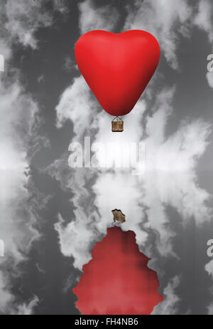 Roten Heißluftballon auf der Flucht vor einem schwarzen und weißen Himmel Stockfoto