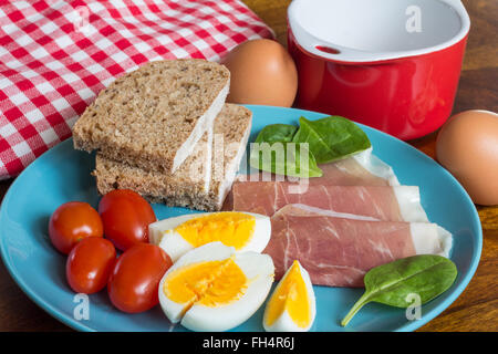 gekochten Eiern mit Schinken und Brot Frühstück auf blaue Platte Stockfoto