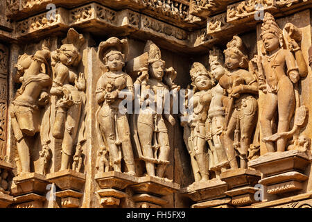 Berühmten Stein schnitzen Skulpturen von Khajuraho Stockfoto