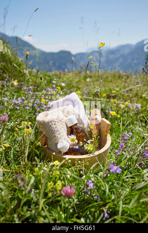 Eimer mit homöopathischen Medizin in Blume Feld, Strobl, Salzburger Land, Österreich Stockfoto