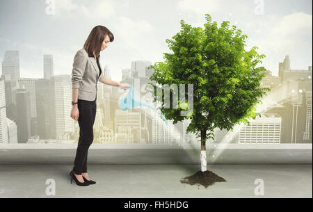 Geschäftsfrau Bewässerung grüner Baum auf Stadt-Hintergrund Stockfoto