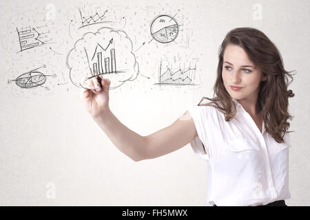 Junge Dame skizzieren finanzielle Diagramm Icons und Symbole Stockfoto