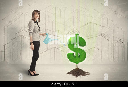 Business Frau poring Wasser auf Dollar Baum anmelden Stadt Hintergrund Stockfoto
