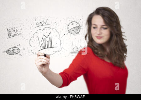 Junge Dame skizzieren finanzielle Diagramm Icons und Symbole Stockfoto