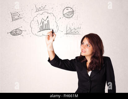 Junge Dame skizzieren finanzielle Diagramm Icons und Symbole Stockfoto