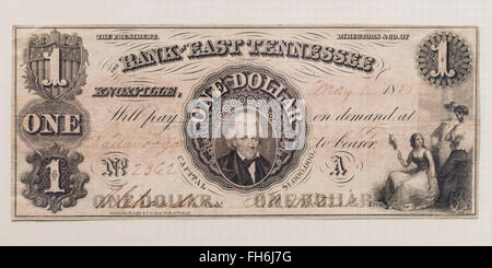 Bank of East Tennessee 1 Dollar Banknote gedruckt von American Banknote Company, ca. 1860 s - USA Stockfoto