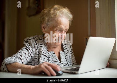 Ältere Frau arbeiten am Laptop sitzen am Fenster. Stockfoto