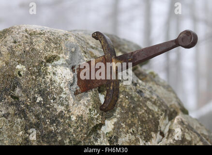 legendären Excalibur Schwert in den Stein mitten im Wald im winter Stockfoto