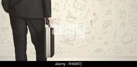 Geschäftsmann mit social Media-Symbole Stockfoto