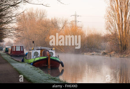 Ein helles, klares und noch Morgen sieht hausboote auf dem Fluss Lee Navigation in der Nähe der Tottenham Marshes unter einer Schicht von Nebel und ein Besprühen der Frost einen Kälteeinbruch. Credit: Patricia Phillips Stockfoto