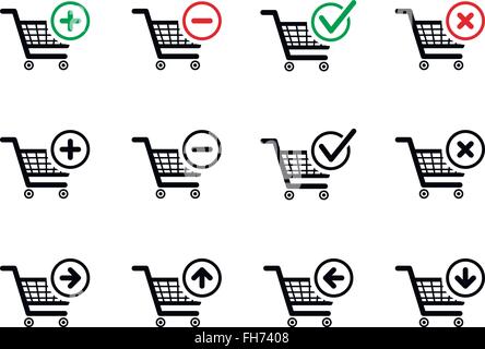 Set schwarz shopping Carts Icons mit hinzufügen, löschen und Verschieben von Zeichen Stock Vektor