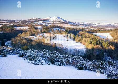 Scotts View in der Nähe von Melrose mit Blick auf den Fluss Tweed und der Eildon Hills im Winter Schnee. Scottish Borders. Schottland Stockfoto