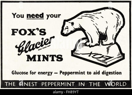 Original Vintage Anzeige aus der 1950er Jahre. Anzeige vom 1956 Werbung Fox Glacier Münzstätten. Stockfoto