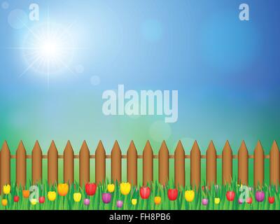 Tulip Blumen Feld und blauer Himmel. Vector Illustration. Stock Vektor