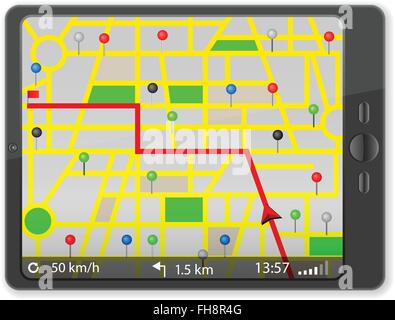 Tablet-Computer mit Navigationskarte auf weißem Hintergrund. Vektor-Illustration. Stock Vektor