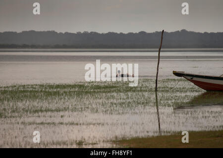 Stausee mit Boot und Badende in West Bay, Siem Reap, Kambodscha Stockfoto