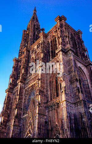 Notre-Dame gotische Kathedrale des 14. Jahrhunderts bei Sonnenuntergang, Straßburg, Elsass, Frankreich Stockfoto