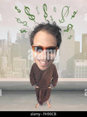 Großer Kopf Person mit Idee-Dollar-Noten Stockfoto