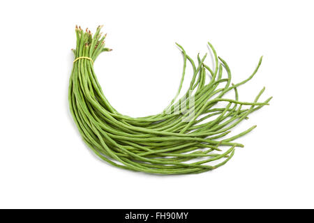 Bündel von frischen chinesischen lange Bohnen auf weißem Hintergrund Stockfoto