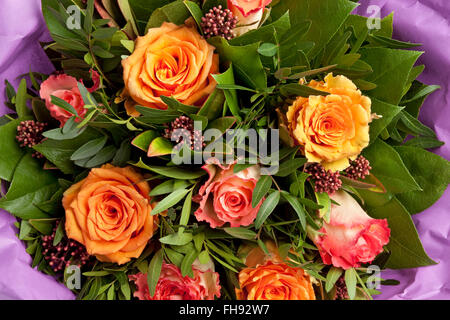 Bouquet von frischen Rosen in Papier eingewickelt hautnah auf weißem Hintergrund Stockfoto
