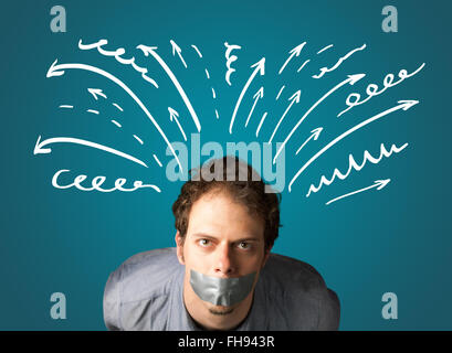 Junger Mann mit verklebten Mund und Linien, Pfeile Stockfoto