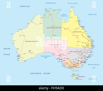 Australien-Straße und Verwaltungskarte Stock Vektor